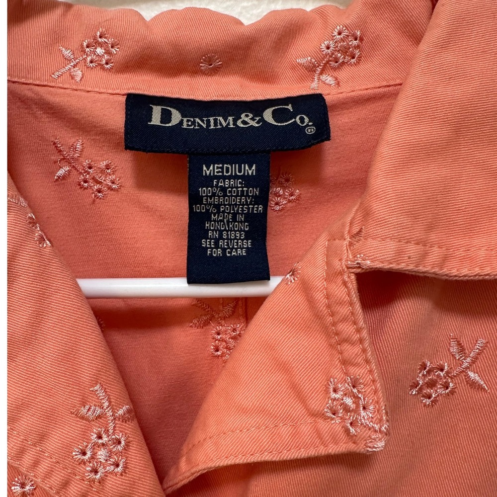 Denim & Co. Embroidered Button Down Shirt Coral Medium Blouse Top Casual - Picture 4 of 7